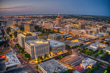 Aerial View Of The Fresno, California Skyline At Dusk