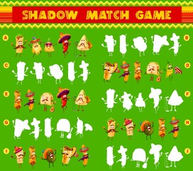 Poster - Cartoon Mexican food characters shadow match game. Vector puzzle or kids education riddle. Find and connect silhouettes of funny burrito, taco, pepper and quesadilla, nachos, jalapeno and avocado