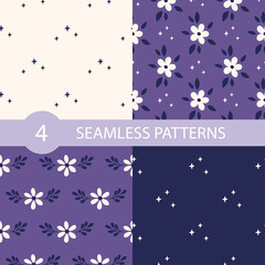 Poster - Floral vector seamless pattern set with flower, leaves, stars. Modern drawing illustration. Botanical fabric print, digital paper, textile design, kids and baby clothes, scrapbooking, cover.