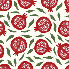 Wall Mural - Vector seamless pattern with pomegranate. Creative fabric print for textile, digital paper, cosmetics, organic healthy food. Fruit, leaves on beige background.