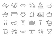 Kitchen Plates, Dishes And Utensil Outline Icons, Vector Dishware, Tableware, Kitchenware Thin Line Symbols. Kitchen Glassware Items, Saucepan And Frying Pan, Teapot With Cups And Noodle Bowl Icon