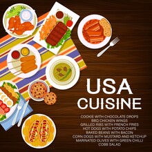 USA Food Meals, Dishes Menu Cover. Grilled Ribs With French Fries, Baked Beans With Bacon And Hot Dogs With Chips, Marinated Olives With Chilli, Corn Dogs And Cobb Salad, BBQ Chicken, Cookies Vector