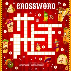 Poster - Cartoon mexican food characters on crossword puzzle game. Find a word quiz logical riddle vector worksheet. Kids educational puzzle or game with tex mex cartoon personages