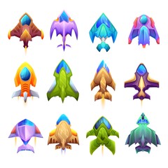Aufkleber - Cartoon starship, spacecraft and spaceship icons. Isolated fantasy vector rockets and shuttles of space game ui asset with fuselages, portholes and burning nozzles, galaxy explorers or warships