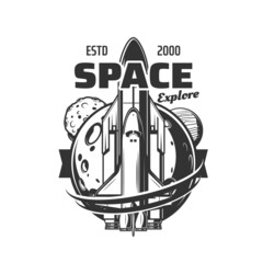 Wall Mural - spaceship icon, space shuttle launch to galaxy spaceflight, vector orbital station emblem. space mis