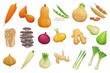 Cartoon vegetables, beans and mushrooms. Vector carrot, butternut pumpkin, shallots and celery tuber. Broad beans, enoki and oyster mushrooms, onion, ginger root and chayote or jicama with parsnips