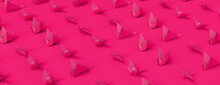 Birds Made From Folded Pink Paper Against Pink Background. Origami Concept Banner.