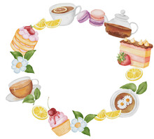 Round Frame With Teapot, Cakes And Cup Of Tea. Watercolor Hand Painted Illustration Isolated On White.