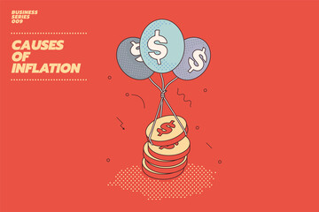 Modern and flat illustration concept of money inflation. $ symbol or Dollar 
coins raised up by balloons. 