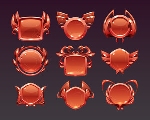 Poster - medieval game menu interface badges, red ui frames, banners, gui elements. buttons with ornate, rims
