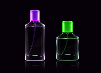 Wall Mural - Glass bottles for fragrance, perfume, cologne, cosmetic spray. Vector realistic mockup of 3d blank transparent containers with tubes, green and purple caps and clear fluid