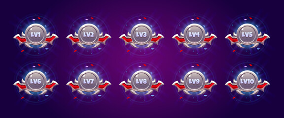 Poster - Game metal badges with level number. Vector cartoon set of silver achievement rank emblems with frame of bat wings, round labels of game level isolated on background