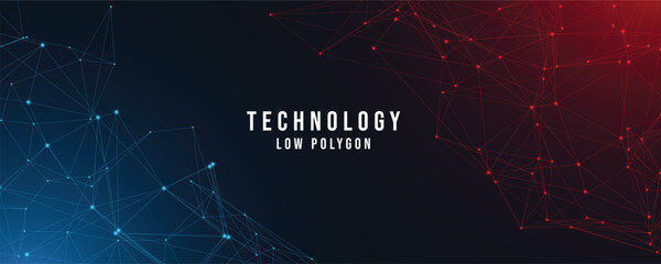 Wall Mural - abstract technology low poly or polygonal background from lines, dots and glowing particles with red and blue lights