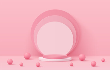 vector 3d rendered with pink and white podium and ball on pink background for product display.