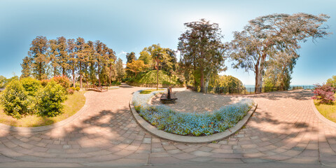 Botanical garden Georgia Batumi blue sky trees spring with 3D spherical panorama with 360 degree viewing angle Ready for virtual reality in vr Full equirectangular projection Beautiful background