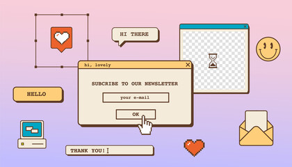 Fototapete - Abstract vintage aesthetic background for newsletter email campaign. Vaporwave desktop template with 80s 90s old computer user interface dialog window and nostalgic retro computer elements. Vector.