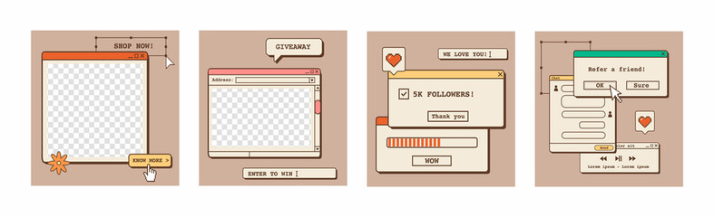 Fototapete - Nostalgic design of social media posts. Retro 80s 90s aesthetic backdrops, groovy backgrounds with old computer user interface. Set of square poster templates in vaporwave style. Vector illustration.