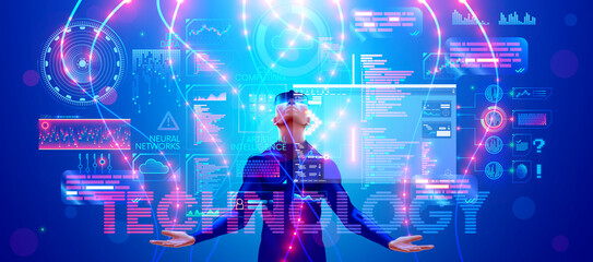 Aufkleber - VR technology in industry. Man in VR glasses in virtual reality looking at projection of HUD holographic interface. Futuristic scientist working in Augmented reality or AR headset in cyberspace.