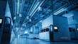 Wide Shot Inside Advanced Semiconductor Production Fab Cleanroom with Working Overhead Wafer Transfer System 