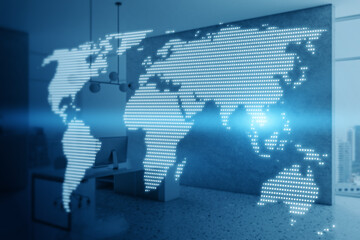 Aufkleber - Glowing digital map hologram on blurry office interior wallpaper. Worldwide technology and network concept. Double exposure.