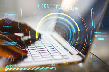 Poster - Close up of female hands using laptop with abstract round identification interface on blurry background. Forensic hud and scanner concept. Double exposure.