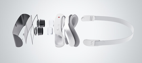 Aufkleber - Side top view on VR glasses components on light wallpaper, virtual reality concept. 3D rendering