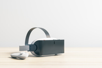 Aufkleber - Virtual reality and metaverse concept with white and black helmet and joystick on wooden table. 3D rendering