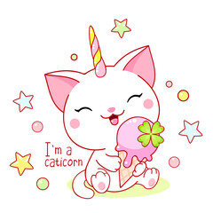 Canvas Print - Cute card in kawaii style. Little unicorn cat with ice cream. Happy white kitten unicorn. Inscription I'm a caticorn. Vector illustration EPS8