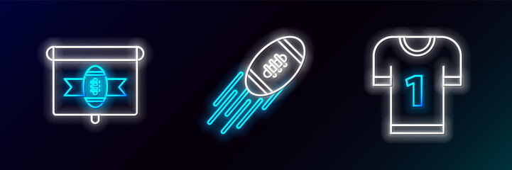 Sticker - Set line American football jersey, on tv program and Football icon. Glowing neon. Vector