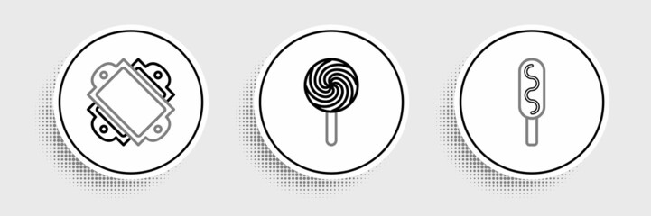 Canvas Print - Set line Corn dog, Ticket and Lollipop icon. Vector