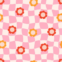 Groovy Distorted Chessboard Background With Pink Check And Flowers Daisy. Trippy Grid Seamless Pattern. Retro Style 60s 70s. Vector Illustration.