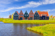 Volendam, Netherlands. Colored Houses Of Marine Park In Volendam. North Holland.