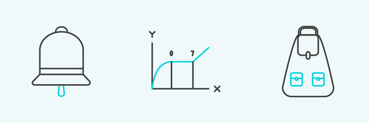 Poster - Set line School backpack, Ringing bell and Pie chart infographic icon. Vector