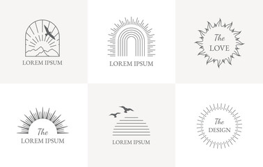 Sticker - Bohemian linear logos, icons, symbols, sun design templates, gray geometric abstract design elements for decoration.