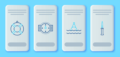 Sticker - Set line Wind rose, Floating buoy on the sea, Lifebuoy and Army knife icon. Vector