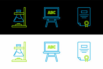 Poster - Set line Certificate template, Glass test tube flask on fire and Chalkboard icon. Vector