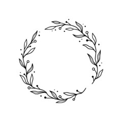 Wall Mural - Floral circle frame, elegant wreath round border. Hand drawn doodle sketch style. Floral drawing frame, flourish design element for wedding, greeting card. Vector illustration.