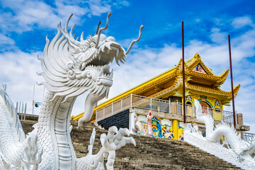 Nakhon Sawan, Thailand - March, 23, 2022 : Dragon head sculpture at Shrine Serpent king Chan Sen Is a Chinese style temple Created for people to worship gods.