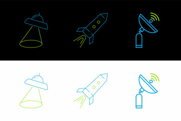 Poster - Set line Radar, UFO flying spaceship and Rocket with fire icon. Vector