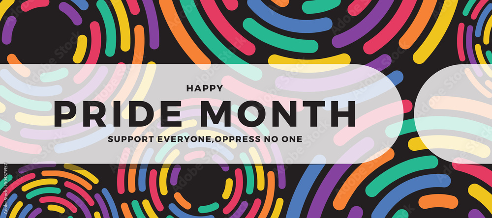 Happy pride month text on white tab bar on abstract colorful circle ...