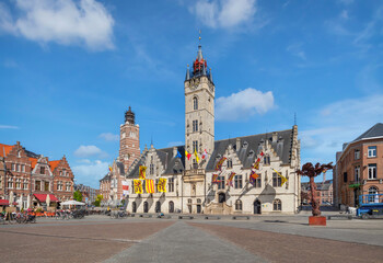 Wall Mural - Dendermonde, Belgium. View of historic building of Town Hall with belfry tower on Grote Markt square