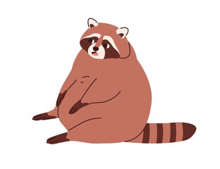 Poster - Cute chunky raccoon with fat full belly, sitting in funny pose. Lazy chubby racoon. Amusing sweet animal relaxing. Fatty stout character. Flat vector illustration isolated on white background