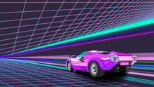 Retro Future. 80s Style Sci-fi Background With Supercar. Futuristic Retro Car. Vector Retro Futuristic Synth Illustration In 1980s Posters Style