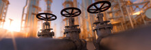 Large Industrial Gas Pipelines In A Modern Refinery At Sunrise 3d Render