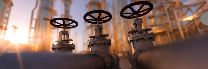 Large industrial gas pipelines in a modern refinery at sunrise 3d render