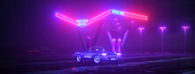 Neon Gas Station And Retro Car. Vintage Cyberpunk Auto. Fog Rain And Night. Color Vibrant Reflections On Asphalt. Chevrolet Corvette. 3D Illustration.