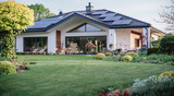 Fototapeta Tulipany - Nowoczesny parterowy dom z dużymi oknami fotowoltaiką i pięknym zadbanym trawnikiem