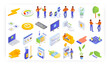 Eco friendly lifestyle, vector isometric icon set. People shopping for natural products online, saving electric energy.
