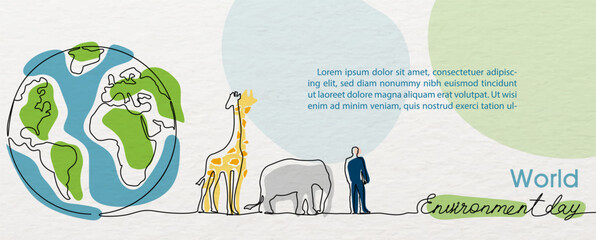 Fototapete - Poster's campaign of World environment day in one line and flat style with vector design.