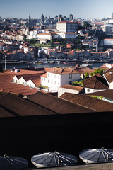 top view of the rooftops of port wine cellars in vila nova de gaia, porto, portugal.